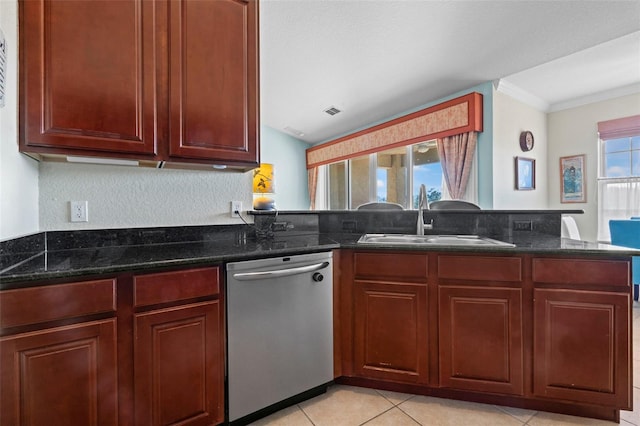 kitchen with sink, stainless steel dishwasher, kitchen peninsula, and dark stone counters