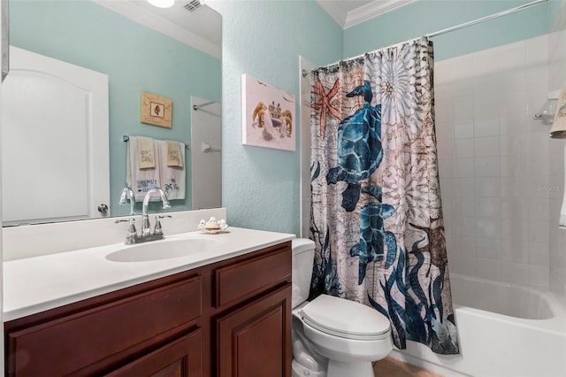 full bathroom with crown molding, shower / bathtub combination with curtain, vanity, and toilet