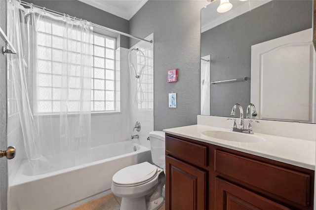 full bathroom with crown molding, vanity, toilet, and shower / bath combination with curtain