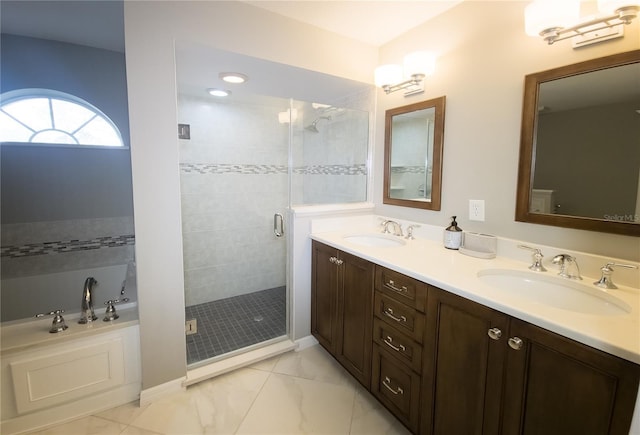 32 Woodward Ln, Palm Coast, FL 32164 - full bath featuring a shower stall, double vanity, a bath, and marble look tiles