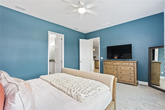 bedroom featuring light colored carpet and ceiling fan