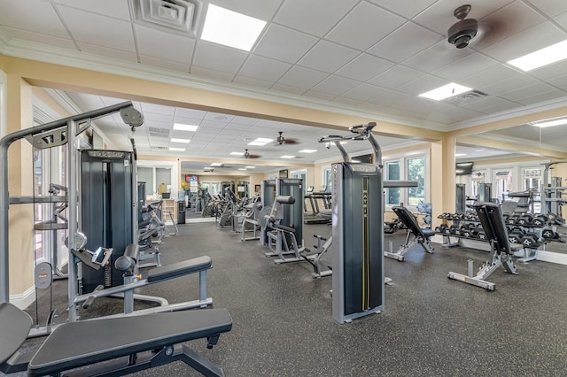 gym featuring crown molding, a drop ceiling, and ceiling fan