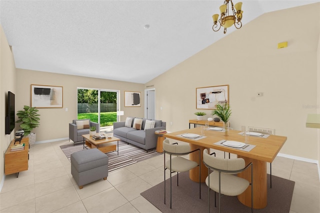 living room featuring light tile patterned floors, a textured ceiling, a chandelier, baseboards, and vaulted ceiling