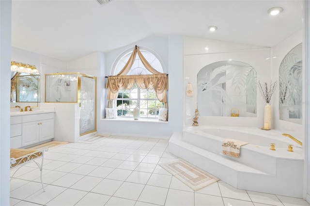 bathroom featuring tile patterned floors, vanity, plus walk in shower, and lofted ceiling