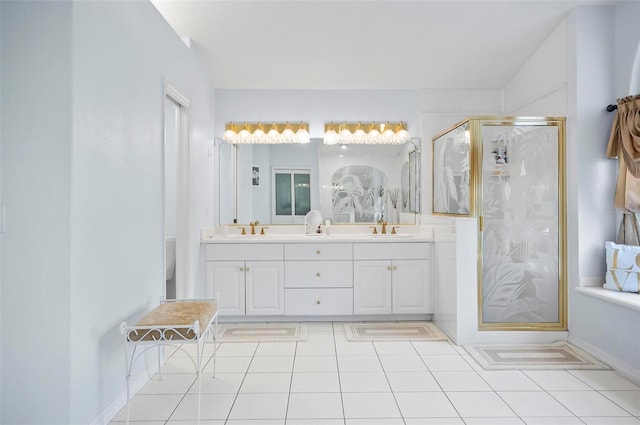 bathroom with tile patterned flooring, vanity, toilet, and walk in shower