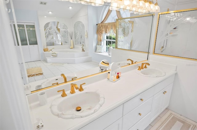 bathroom featuring separate shower and tub, tile patterned flooring, and vanity