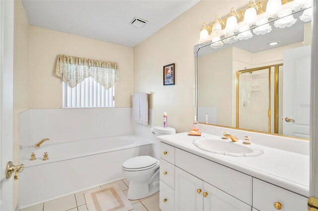 full bathroom with tile patterned flooring, vanity, toilet, and independent shower and bath