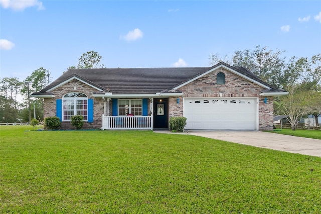 ranch-style house featuring a porch, a garage, and a front lawn