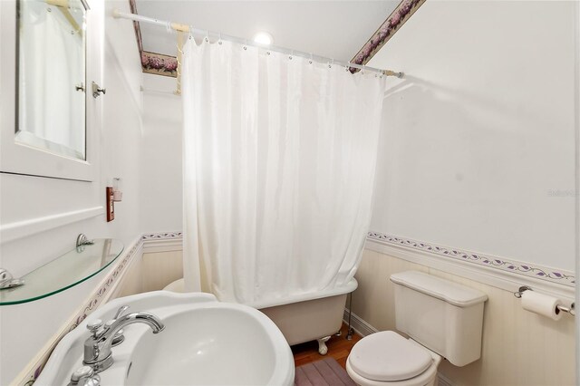 bathroom with hardwood / wood-style floors, toilet, and sink