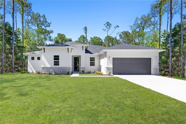 1 Senlac Ct, Palm Coast, FL 32164 - view of front facade with stucco siding, an attached garage, concrete driveway, a front lawn, and stone siding