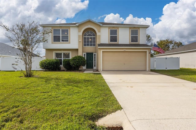 front facade featuring a front lawn and a garage