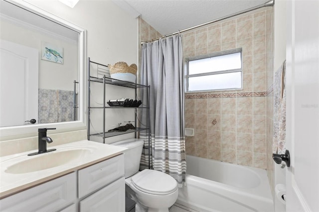 full bathroom featuring vanity, shower / bath combo, a textured ceiling, and toilet