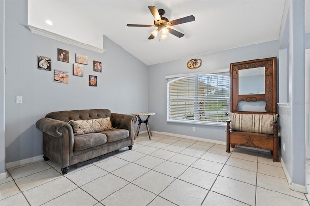 sitting room with light tile patterned flooring, ceiling fan, and lofted ceiling