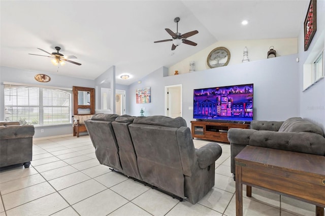 tiled living room featuring vaulted ceiling and ceiling fan