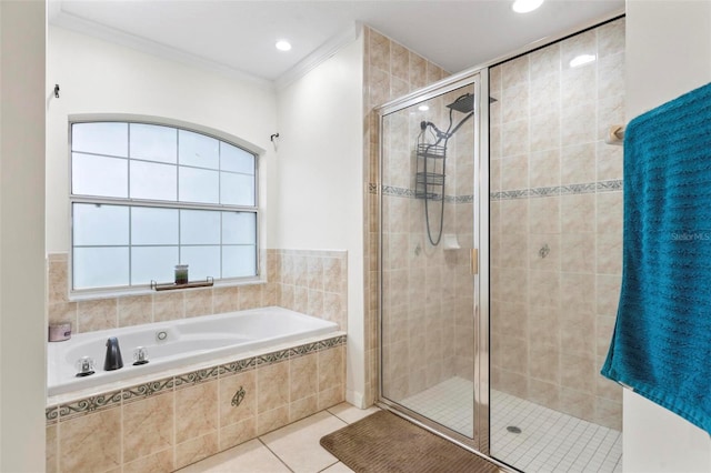 bathroom featuring tile patterned flooring, ornamental molding, and plus walk in shower