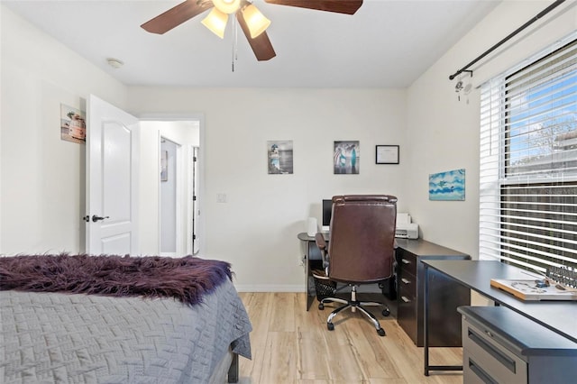 bedroom featuring ceiling fan and light hardwood / wood-style flooring