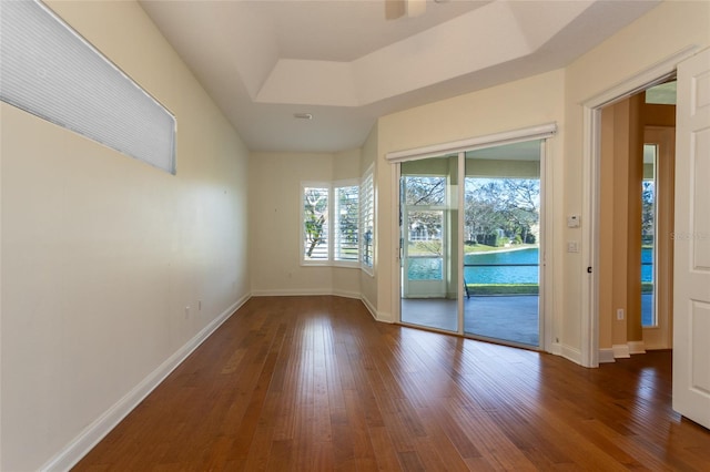 unfurnished room with a raised ceiling and dark wood-type flooring