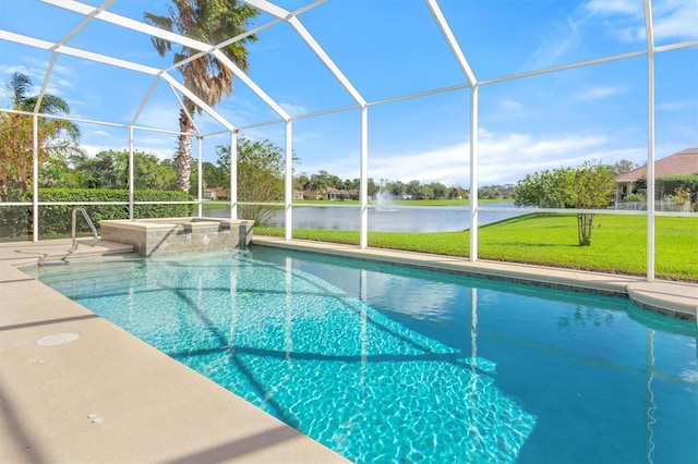 view of pool featuring a yard, a water view, and a lanai