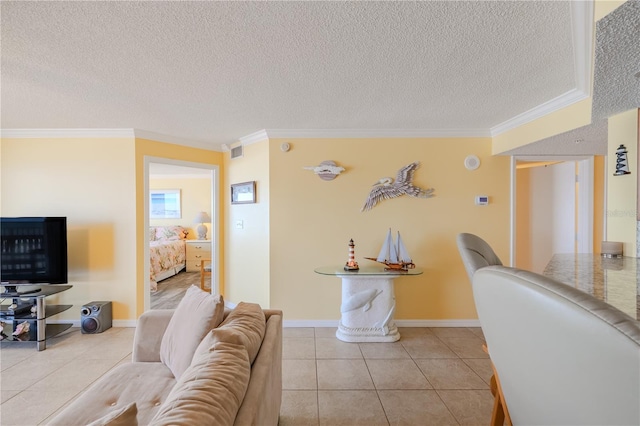 living room featuring a textured ceiling, crown molding, and light tile patterned flooring