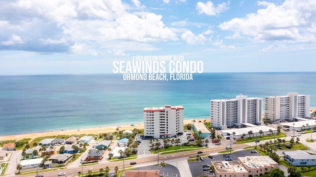 bird's eye view featuring a water view and a view of the beach