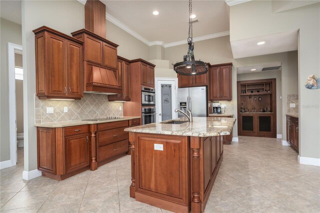 kitchen with stainless steel appliances, custom exhaust hood, a sink, and crown molding