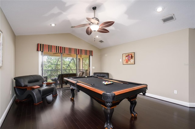 recreation room featuring lofted ceiling, visible vents, baseboards, and wood finished floors