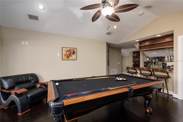 game room with lofted ceiling, visible vents, and wood finished floors