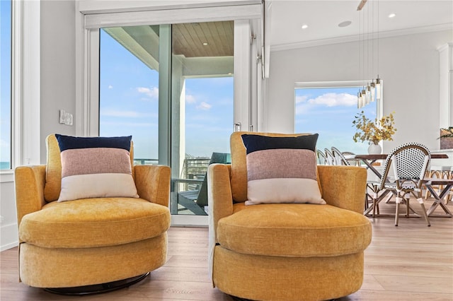 living area with light hardwood / wood-style floors, ornamental molding, and a wealth of natural light