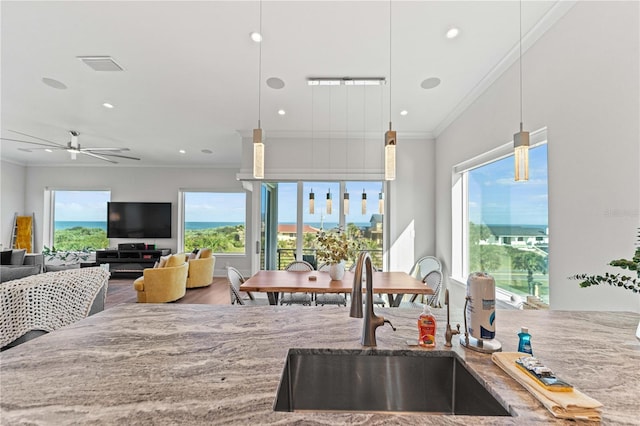 kitchen featuring plenty of natural light, ceiling fan, and sink