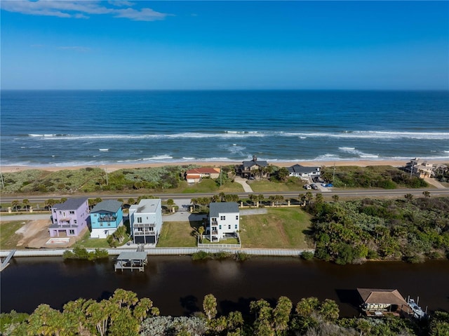 drone / aerial view with a water view and a view of the beach