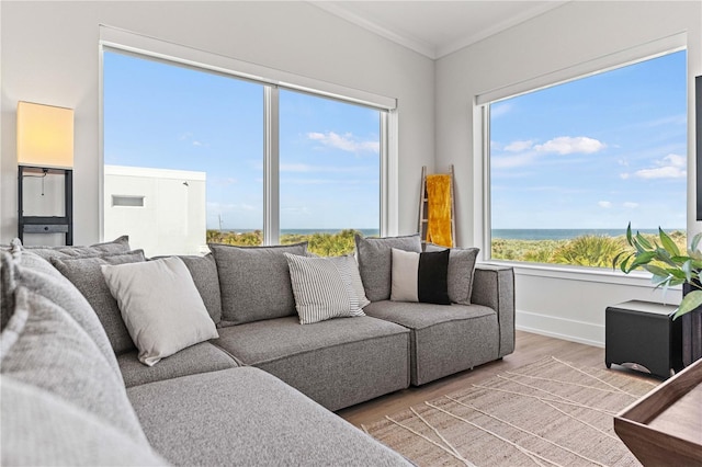 living room featuring hardwood / wood-style flooring, a water view, and crown molding