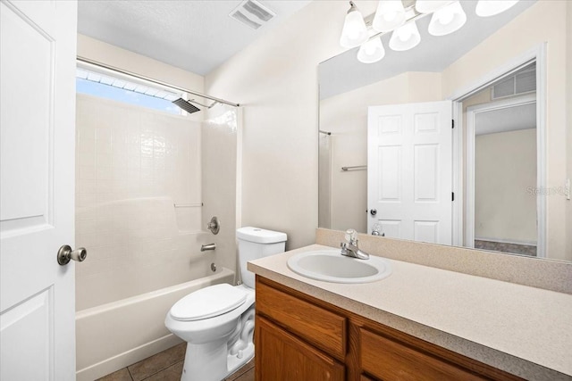 full bathroom with tile patterned flooring, shower / tub combination, vanity, and toilet