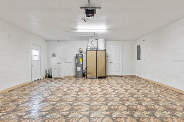 garage featuring electric panel, a garage door opener, and water heater