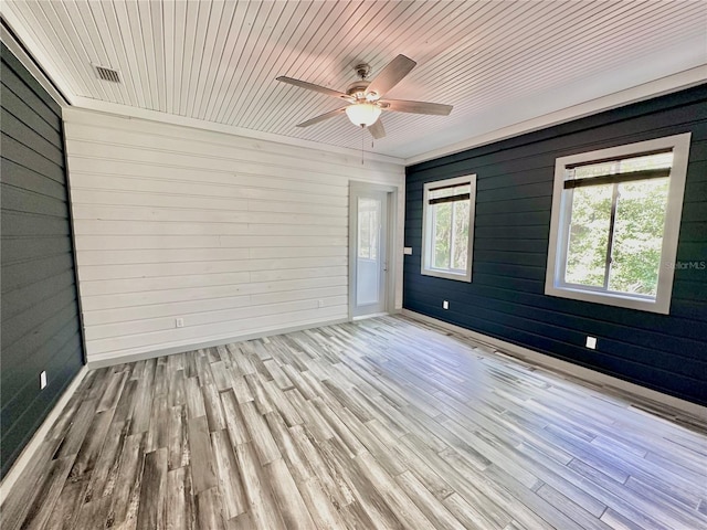 spare room with ceiling fan, light hardwood / wood-style floors, wood ceiling, and wood walls