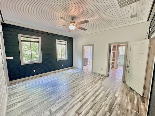 interior space featuring wooden walls, light hardwood / wood-style flooring, ceiling fan, and wood ceiling