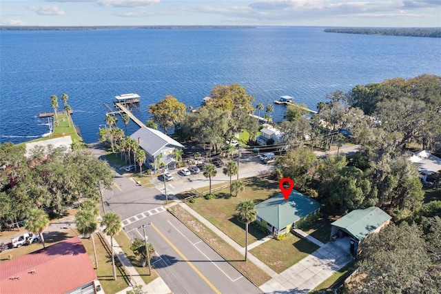 bird's eye view with a water view