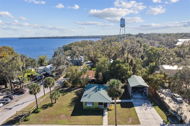 drone / aerial view with a water view