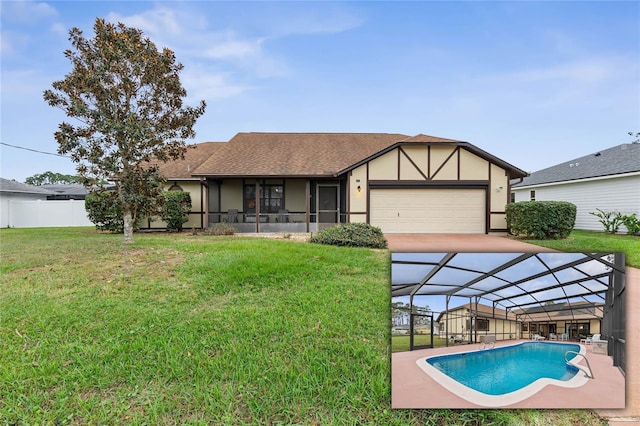 view of front facade featuring a front yard, a garage, glass enclosure, and a fenced in pool