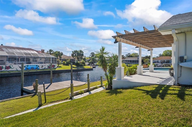 view of yard featuring a pergola, a water view, and a boat dock