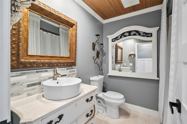 bathroom with backsplash, tile patterned floors, wood ceiling, vanity, and crown molding