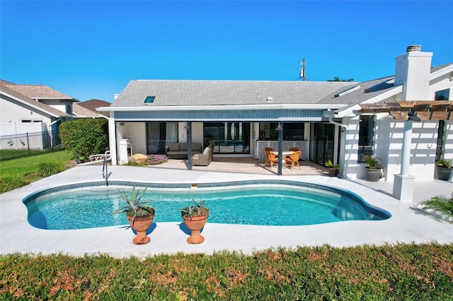 view of swimming pool with a pergola, an outdoor living space, and a patio