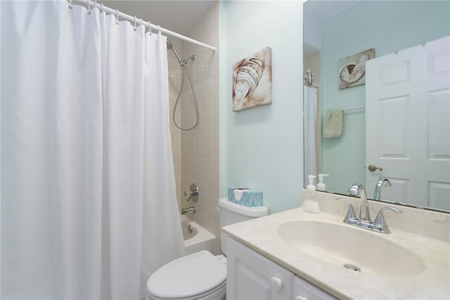 full bathroom with shower / bathtub combination with curtain, vanity, and toilet