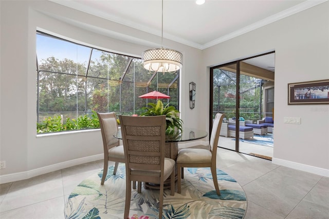 tiled dining space with crown molding