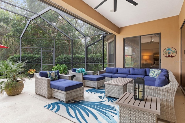 view of patio featuring an outdoor hangout area and a lanai