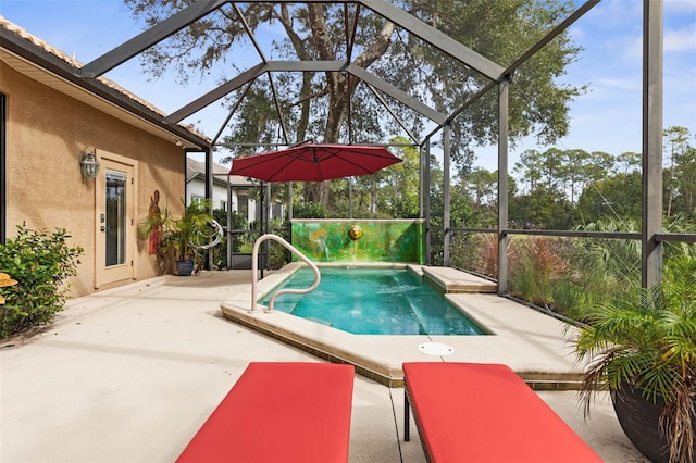 view of swimming pool featuring a lanai and a patio