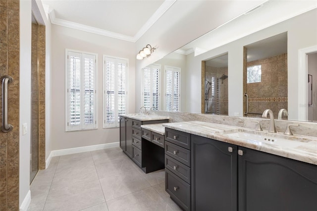 bathroom with tile patterned flooring, vanity, tiled shower, and ornamental molding