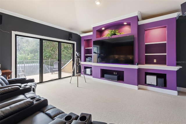 living room featuring carpet, built in features, and ornamental molding