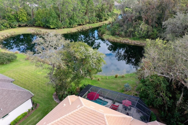 bird's eye view with a water view