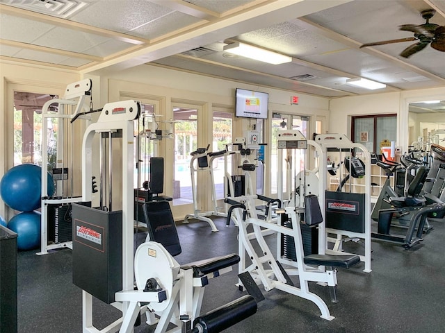 gym featuring ceiling fan