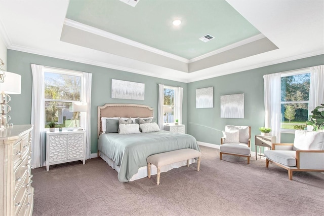 carpeted bedroom featuring a raised ceiling, multiple windows, and ornamental molding